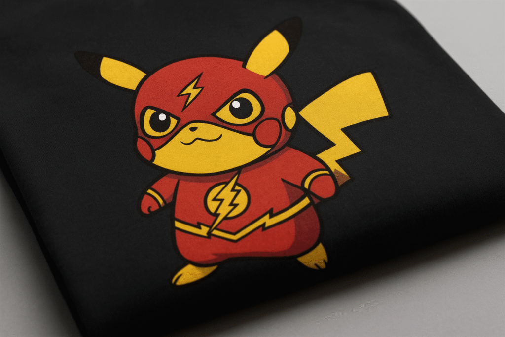 Detalle de playera de cómics con tela de alta calidad y estampado duradero