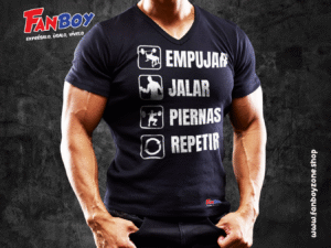 Playera motivacional de gym con frase jalar empujar repetir.