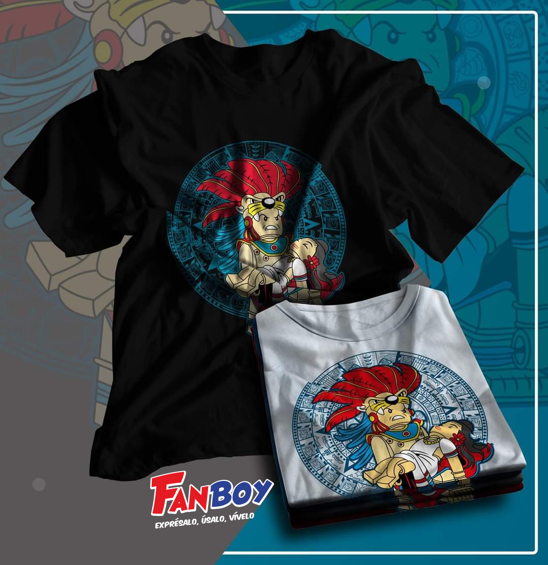 Playera Lego Azteca con figuras del Popo e Izta y calendario azteca.