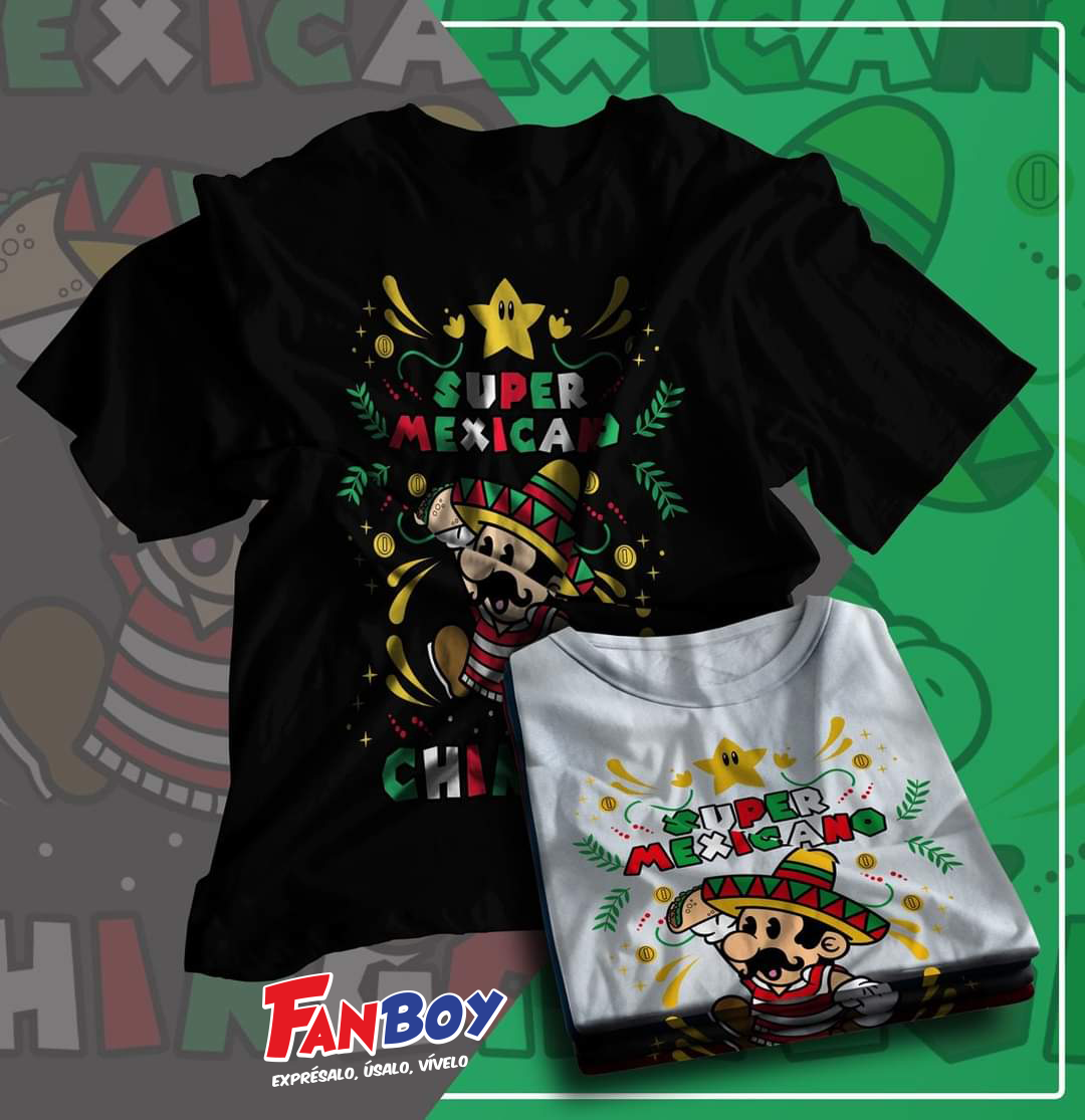 Playera Super Mexicano con Mario Bros vestido de mexicano.